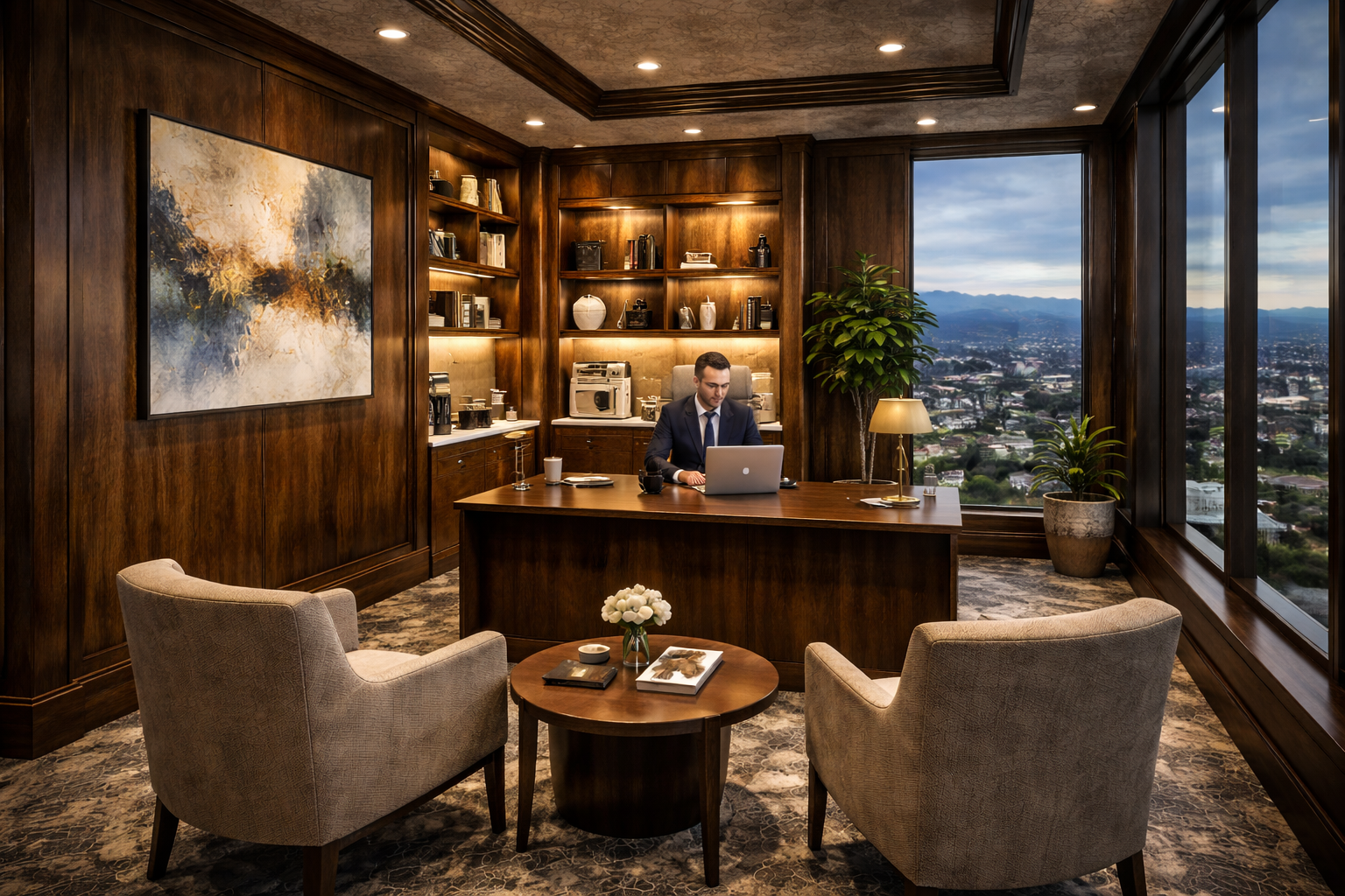 Luxury executive home office with city view