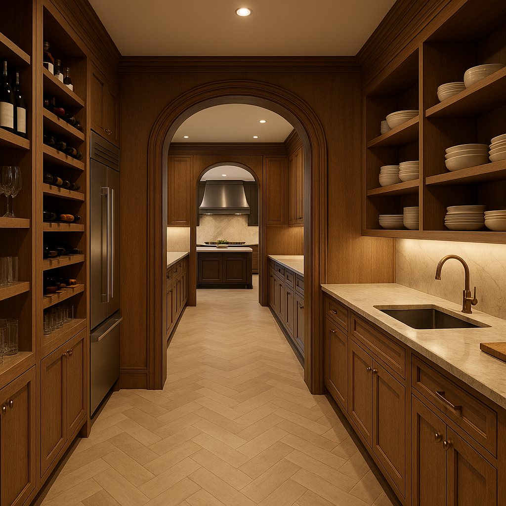 Luxury butler's pantry with walnut cabinetry and arched passage