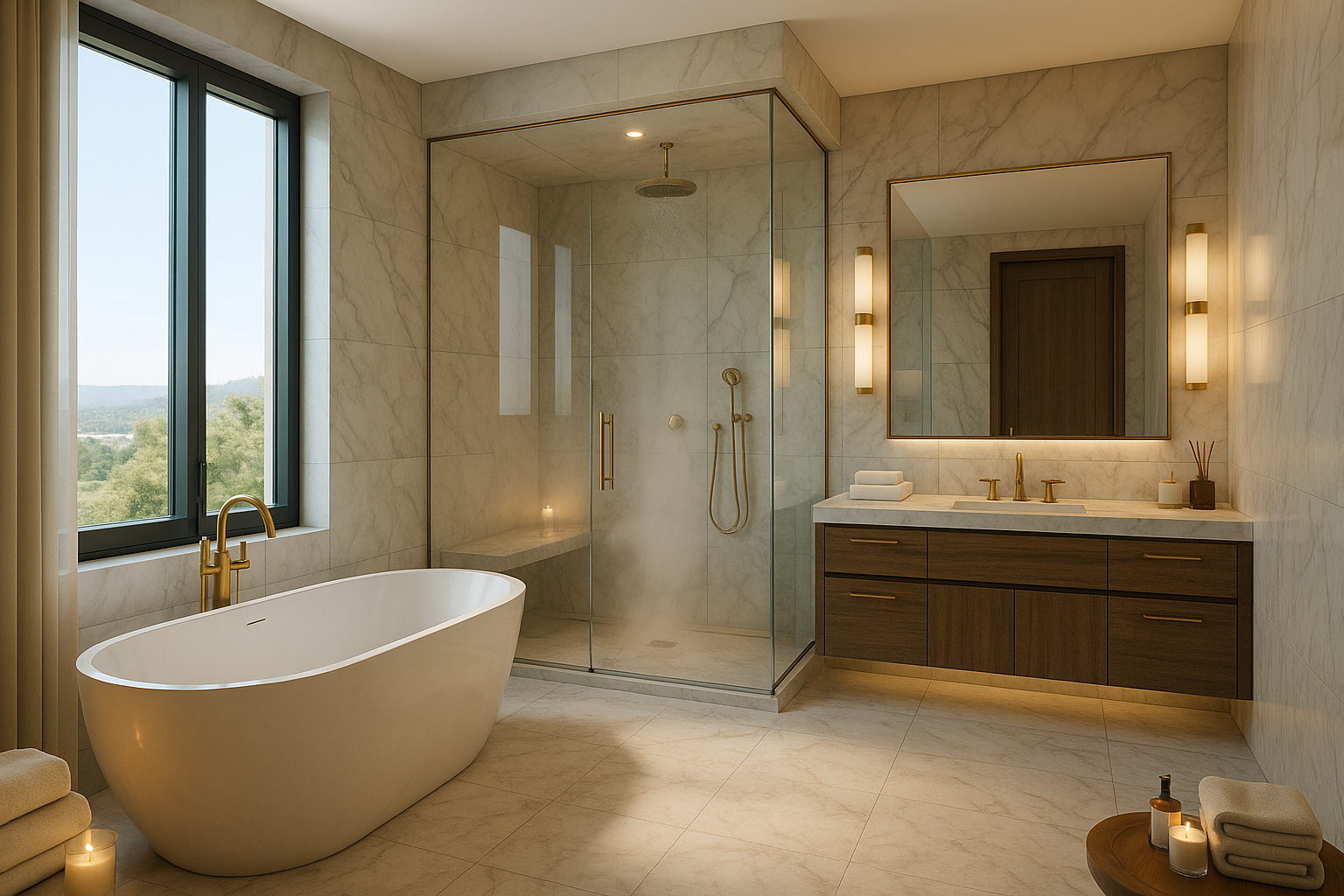 Luxury marble master bath with glass shower and gold fixtures